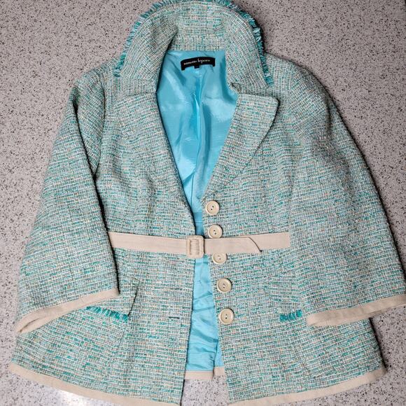 VTG Nanette Lepore Tweed 3/4 Sleeve Turquoise Fringe Jacket Blazer Belt Y2K✨️12 - Picture 7 of 16